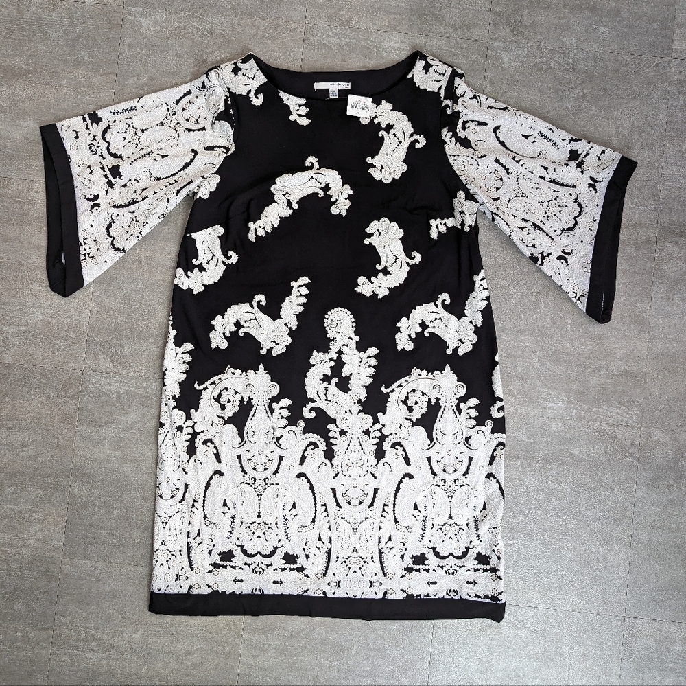 Studio One Women's Dress Size 0X Black Floral Shift 3/4 Bell Sleeves NWT